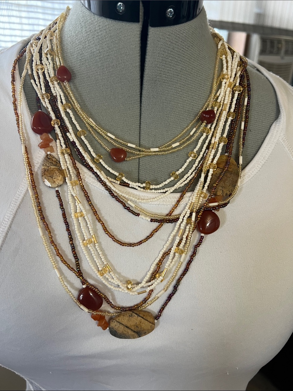 Layered Beaded Necklace in White, Gold & Brown